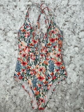 Lucky Brand Floral One Piece Swimsuit Size Medium Cutout Tie Back
